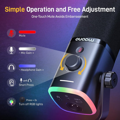 USB/XLR Dynamic Microphone for Gaming Streaming,Computer PC Microphone with Software-Rgb, Mute Button, 48Khz/24Bit Podcasting Desktop Mic for Youtube Video Recording PD100X