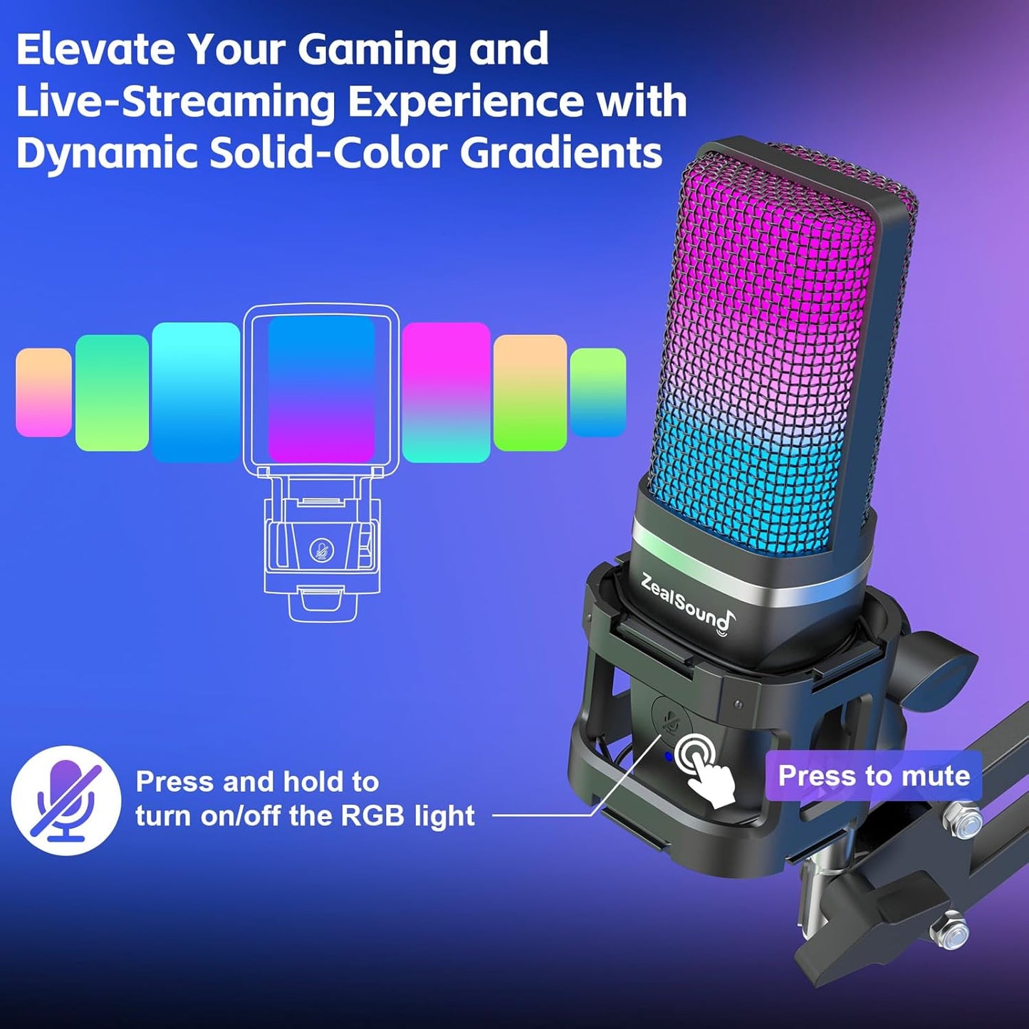 Gaming Microphone, USB Mic for PC with Noise Cancellation, RGB, Mute, Gain Control, Zero-Latency Monitoring, Boom Arm, Tripod Stand & Pop Filter, for Mac, Iphone, Streaming, Twitch, Youtube