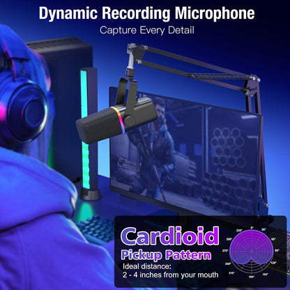 XLR/USB Dynamic Microphone for Gaming Podcast,Mic for Iphone Phone PC Computer Gaming Streaming Microphone with RGB Light,Mute Button,Mic Gain,Headphones Jack,Boom Arm Stand,Singing Youtube
