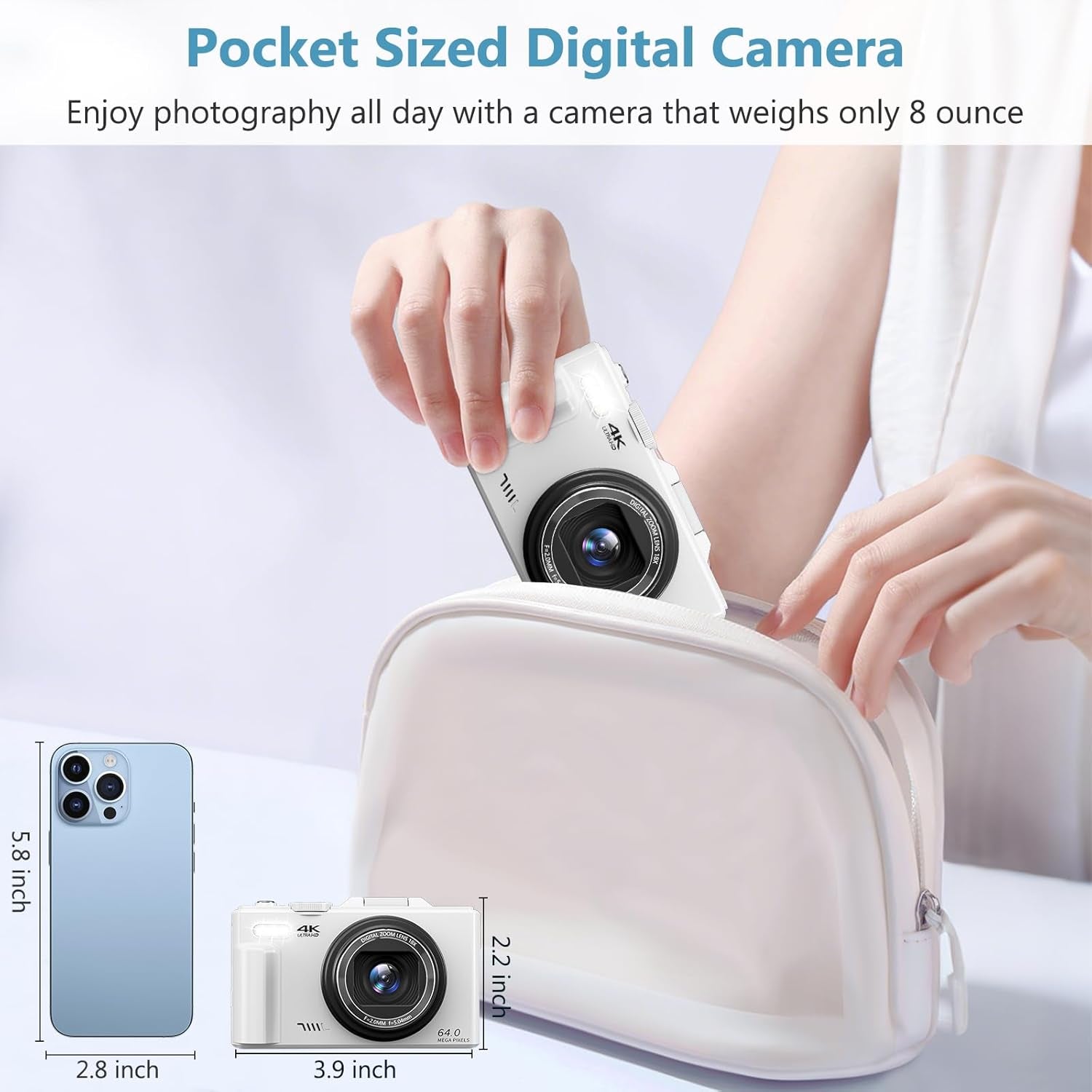 4K Digital Camera for Photography, 64MP Vlogging Camera for Youtube with 3" 180° Flip Screen, 18X Digital Zoom Point and Shoot Camara with 32GB Micro SD Card for Beginner (White)