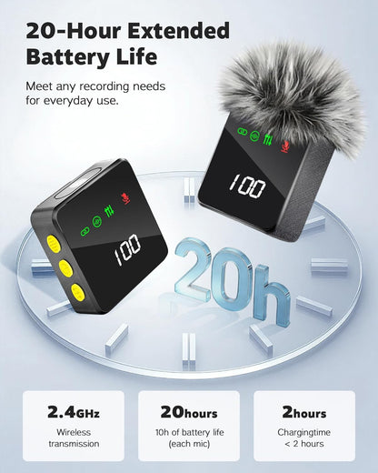 3-In-1 Wireless Lavalier Microphone for Iphone, Android, Camera | Mini Microphone with Digital Display & Noise Reduction, 20H Battery Life, Mic for Video Recording, Tiktok, Youtube, Vlogging
