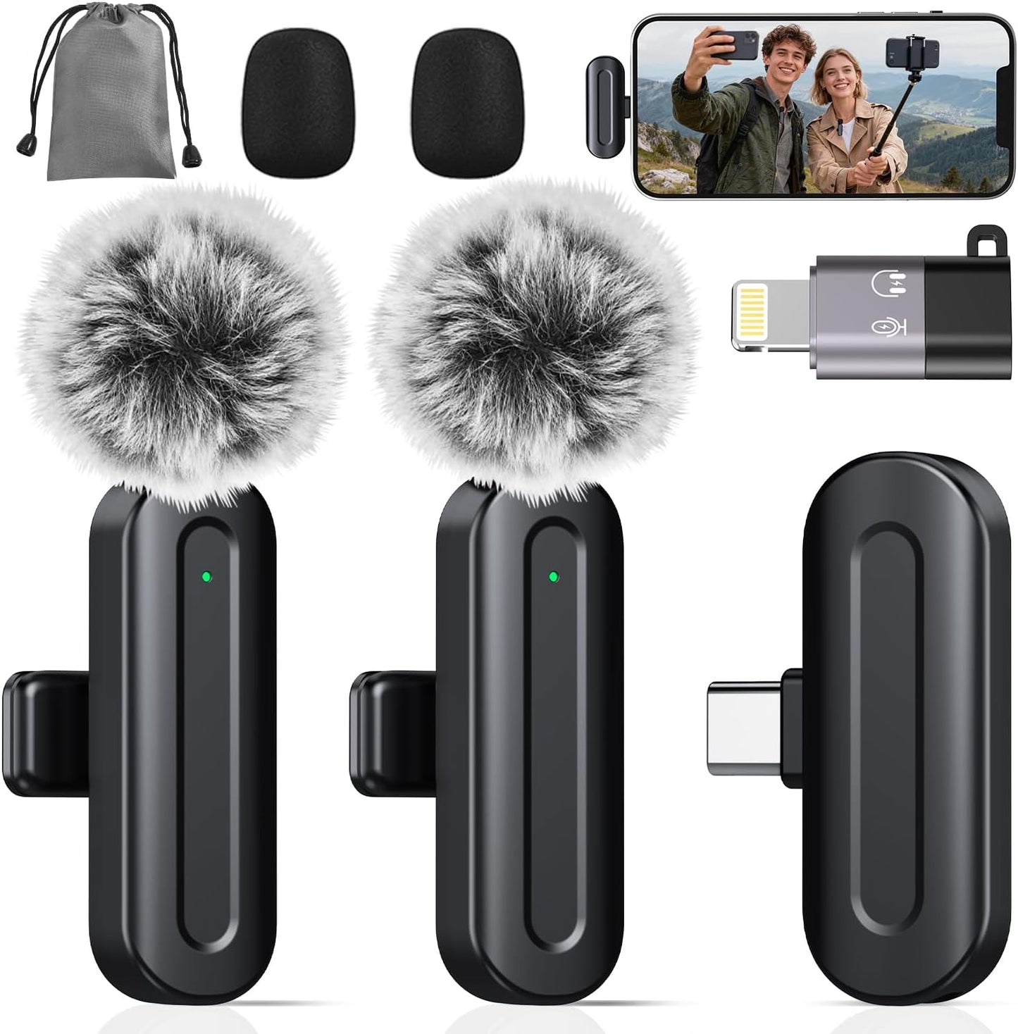 3 in 1 Wireless Lavalier Microphone for Iphone Android & Camera, Mini Clip-On Mic for Video Recording Tiktok Youtube Interview, Noise Cancelling, 328Ft Range, 18H Battery