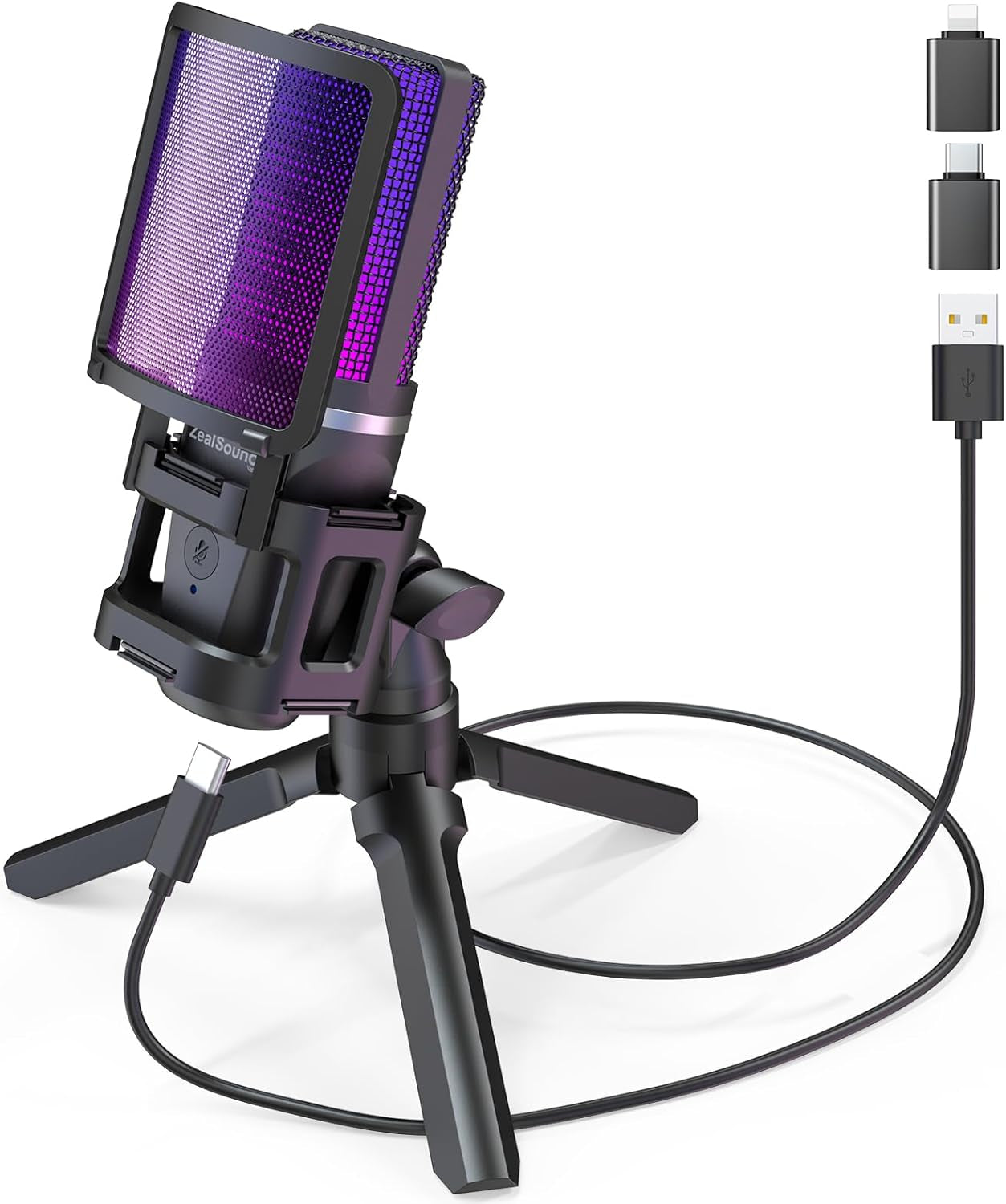 Gaming Microphone, USB Mic for PC with Noise Cancellation, RGB, Mute, Gain Control, Zero-Latency Monitoring, Boom Arm, Tripod Stand & Pop Filter, for Mac, Iphone, Streaming, Twitch, Youtube