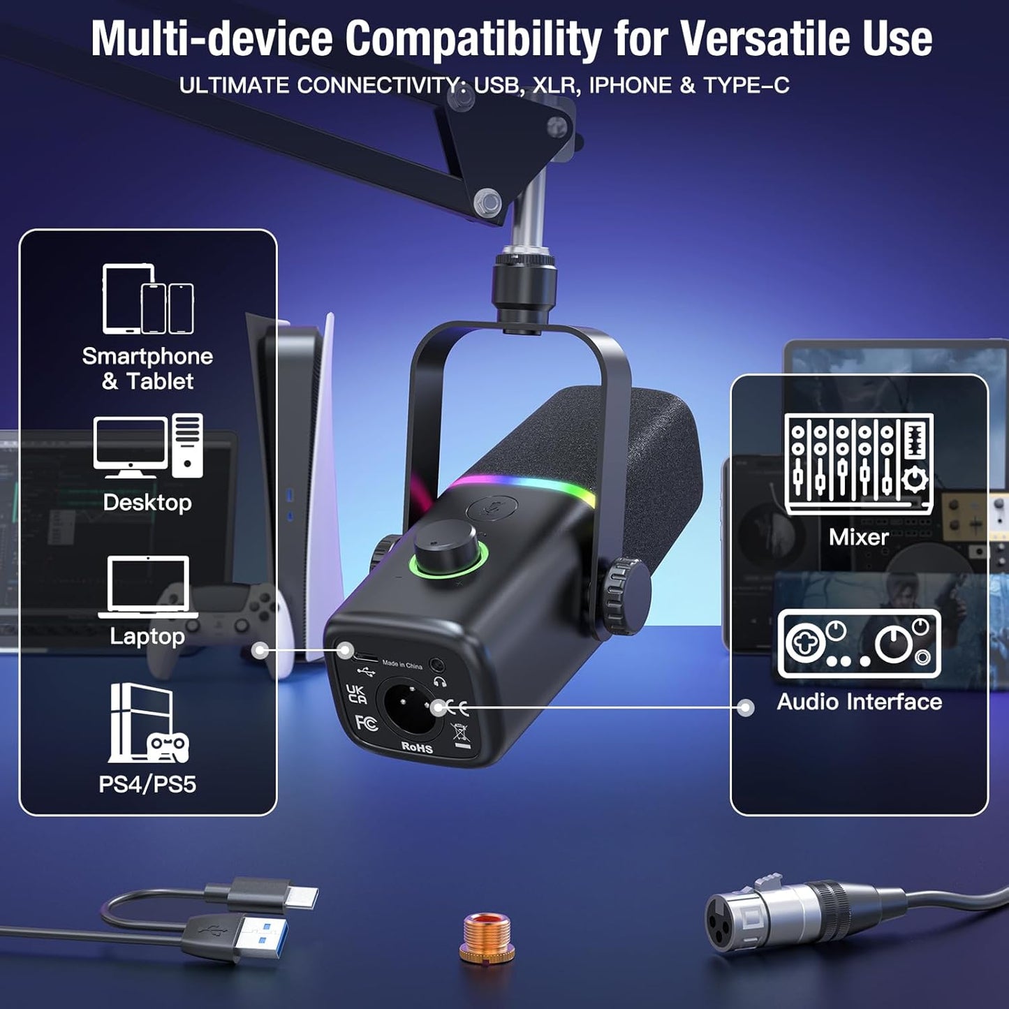 XLR/USB Dynamic Microphone for Gaming Podcast,Mic for Iphone Phone PC Computer Gaming Streaming Microphone with RGB Light,Mute Button,Mic Gain,Headphones Jack,Boom Arm Stand,Singing Youtube