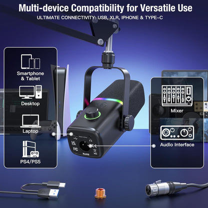XLR/USB Dynamic Microphone for Gaming Podcast,Mic for Iphone Phone PC Computer Gaming Streaming Microphone with RGB Light,Mute Button,Mic Gain,Headphones Jack,Boom Arm Stand,Singing Youtube
