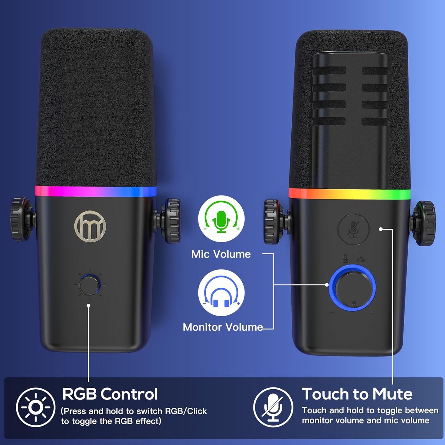 XLR/USB Dynamic Microphone for Gaming Podcast,Mic for Iphone Phone PC Computer Gaming Streaming Microphone with RGB Light,Mute Button,Mic Gain,Headphones Jack,Boom Arm Stand,Singing Youtube