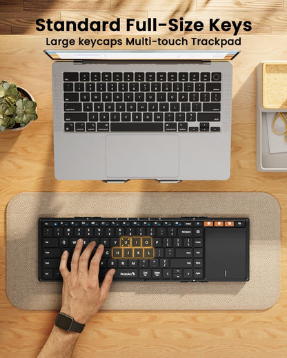 Foldable Keyboard with Touchpad, XK01 TP Folding Portable Keyboard, Full Size Keys, Large Trackpad Bluetooth Travel Keyboards for Ipad Laptop PC Tablets -Black