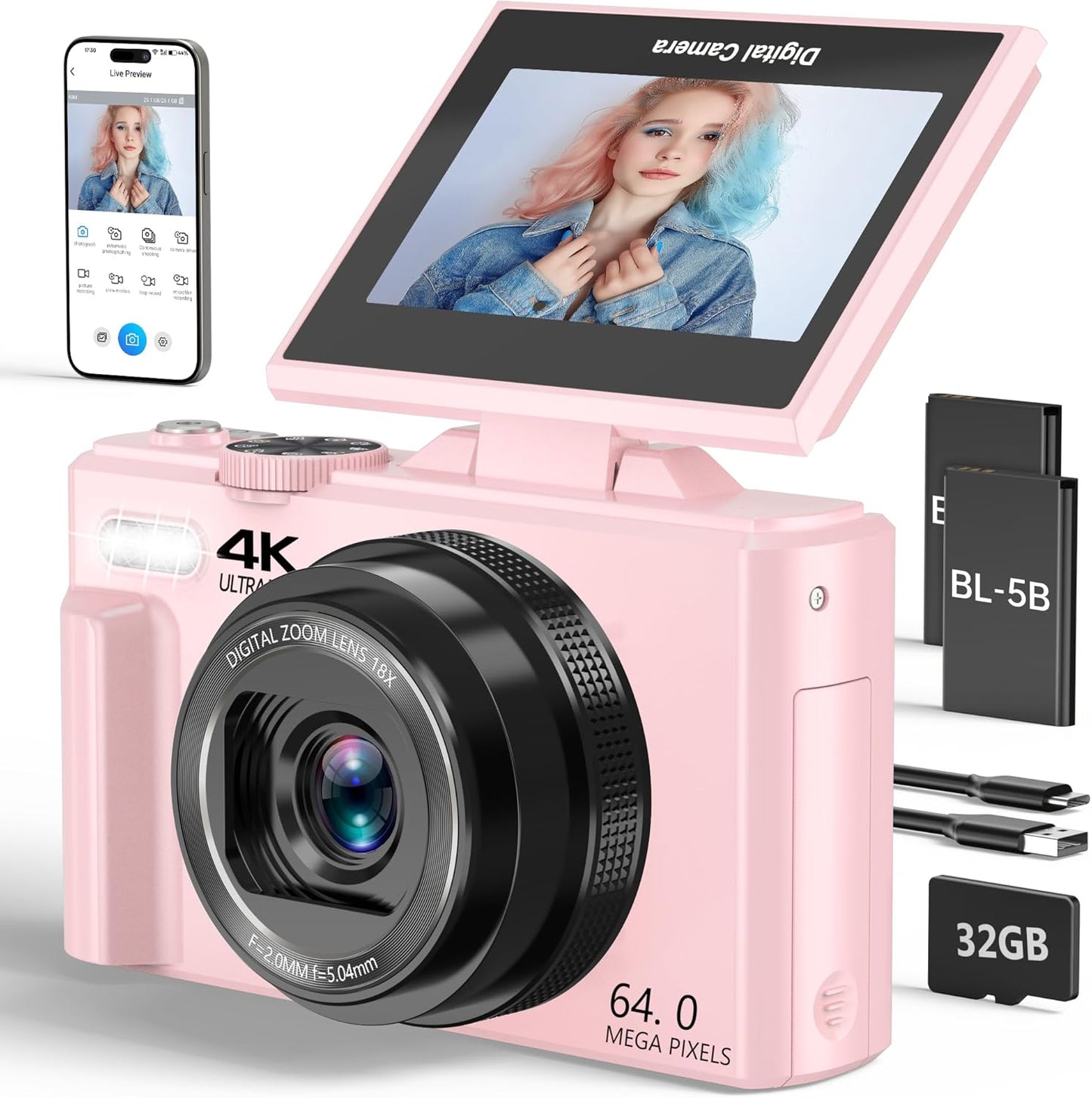 4K Digital Camera for Photography, 64MP Vlogging Camera for Youtube with 3" 180° Flip Screen, 18X Digital Zoom Point and Shoot Camara with 32GB Micro SD Card for Beginner (White)