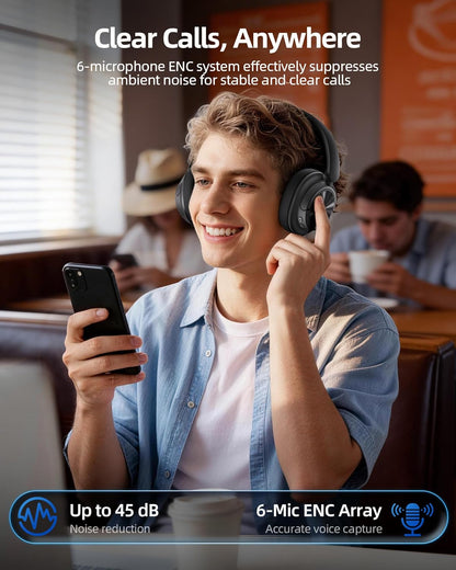 Hybrid Active Noise Cancelling Headphones 120H Playtime Wireless Headphones Bluetooth 6.0 over Ear Headphones with 6 ENC HD Call Mic, Hi-Res 360° Spatial Audio ANC Headphone for Travel Workout Black