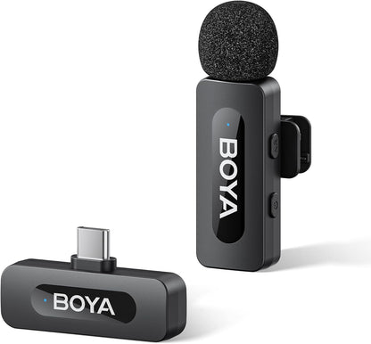 BY-V20 Wireless Lavalier Microphones for iPhone 15/16 Series & USB-C Devices - 100M Range, 9H Battery Life, Noise Reduction Mini Clip-On Mic for Video Recording, YouTube, and TikTok