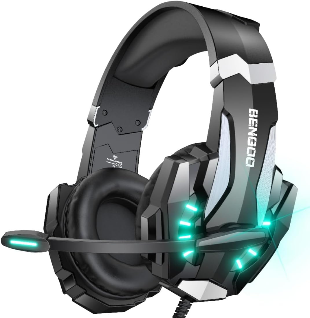 G9000 Stereo Gaming Headset for PS4 PC Xbox One PS5 Controller, Noise Cancelling over Ear Headphones with Mic, LED Light, 7.1 Surround Sound, Soft Memory Earmuffs for Nintendo Xbox Series X|S