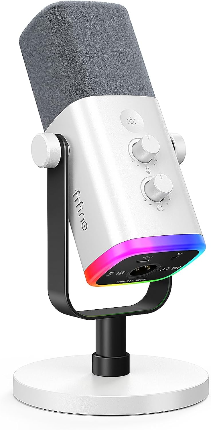 USB/XLR Dynamic Microphone for Podcast Recording, PC Computer Gaming Streaming Mic with RGB Light, Mute Button, Headphones Jack, Desktop Stand, Vocal Mic for Singing Youtube-Ampligame AM8