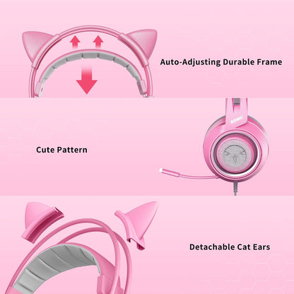 G951S Pink Stereo Gaming Headset with Mic for PS4, Xbox One, PC, Mobile Phone, 3.5MM Sound Detachable Cat Ear Headphones Lightweight Self-Adjusting over Ear Headphones for Women
