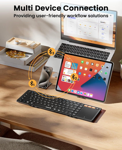 Foldable Keyboard with Touchpad, XK01 TP Folding Portable Keyboard, Full Size Keys, Large Trackpad Bluetooth Travel Keyboards for Ipad Laptop PC Tablets -Black