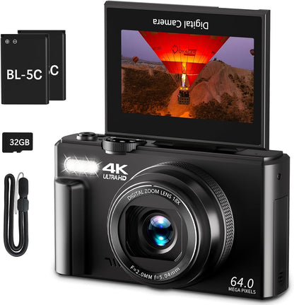 4K Digital Camera for Photography, 64MP Vlogging Camera for Youtube with 3" 180° Flip Screen, 18X Digital Zoom Point and Shoot Camara with 32GB Micro SD Card for Beginner (White)