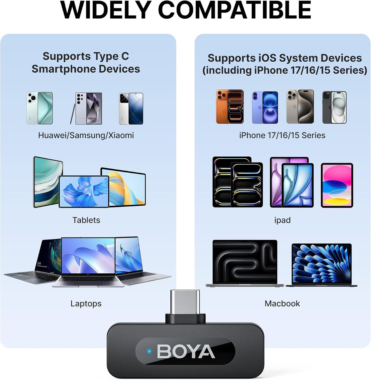 BY-V20 Wireless Lavalier Microphones for iPhone 15/16 Series & USB-C Devices - 100M Range, 9H Battery Life, Noise Reduction Mini Clip-On Mic for Video Recording, YouTube, and TikTok