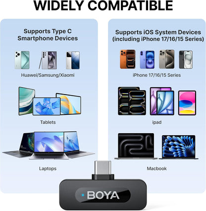 BY-V20 Wireless Lavalier Microphones for iPhone 15/16 Series & USB-C Devices - 100M Range, 9H Battery Life, Noise Reduction Mini Clip-On Mic for Video Recording, YouTube, and TikTok