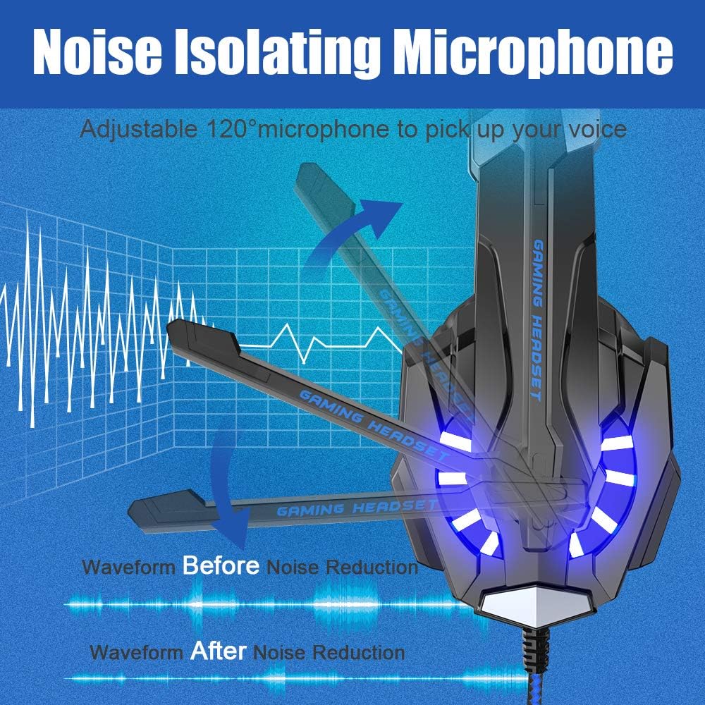 G9000 Stereo Gaming Headset for PS4 PC Xbox One PS5 Controller, Noise Cancelling over Ear Headphones with Mic, LED Light, 7.1 Surround Sound, Soft Memory Earmuffs for Nintendo Xbox Series X|S