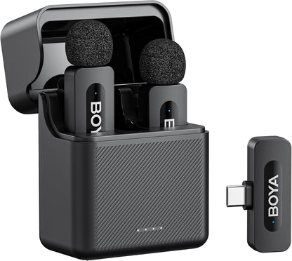 BY-V20 Wireless Lavalier Microphones for iPhone 15/16 Series & USB-C Devices - 100M Range, 9H Battery Life, Noise Reduction Mini Clip-On Mic for Video Recording, YouTube, and TikTok