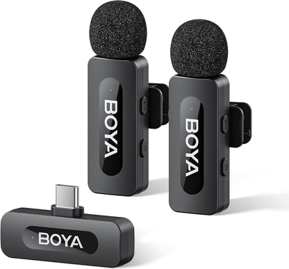 BY-V20 Wireless Lavalier Microphones for iPhone 15/16 Series & USB-C Devices - 100M Range, 9H Battery Life, Noise Reduction Mini Clip-On Mic for Video Recording, YouTube, and TikTok