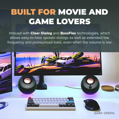 Pebble Pro Minimalist 2.0 USB-C Computer Speakers with Bluetooth 5.3 and Customizable RGB Lighting, Clear Dialog and Bassflex Tech, USB Audio, Headset Port, for PC and Mac (White)