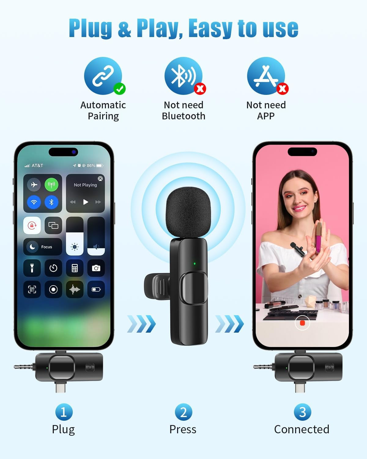 Wireless Lavailer Microphones for Android Iphone Ipad Laptop & Camera, USB-C, Wireless Mini Microphone for Video Recording, Vlog, Youtube, Tiktok