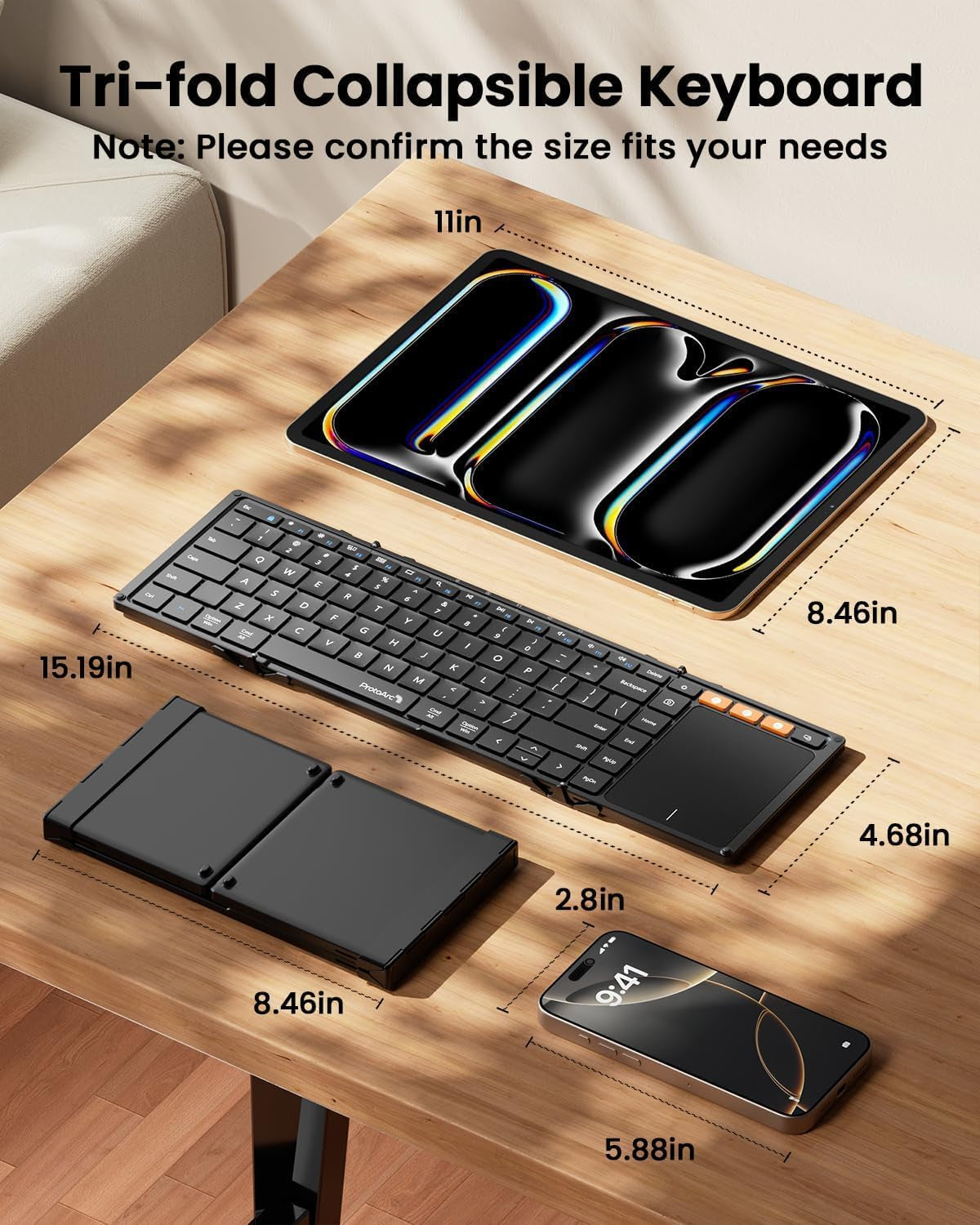 Foldable Keyboard with Touchpad, XK01 TP Folding Portable Keyboard, Full Size Keys, Large Trackpad Bluetooth Travel Keyboards for Ipad Laptop PC Tablets -Black
