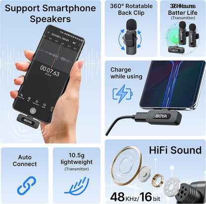 BY-V20 Wireless Lavalier Microphones for iPhone 15/16 Series & USB-C Devices - 100M Range, 9H Battery Life, Noise Reduction Mini Clip-On Mic for Video Recording, YouTube, and TikTok