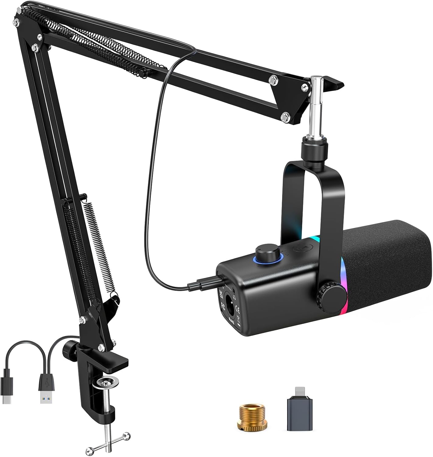 XLR/USB Dynamic Microphone for Gaming Podcast,Mic for Iphone Phone PC Computer Gaming Streaming Microphone with RGB Light,Mute Button,Mic Gain,Headphones Jack,Boom Arm Stand,Singing Youtube