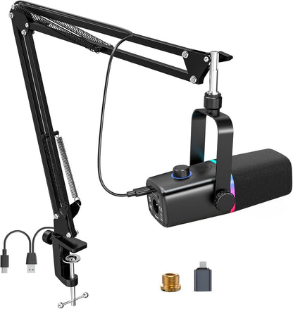 XLR/USB Dynamic Microphone for Gaming Podcast,Mic for Iphone Phone PC Computer Gaming Streaming Microphone with RGB Light,Mute Button,Mic Gain,Headphones Jack,Boom Arm Stand,Singing Youtube