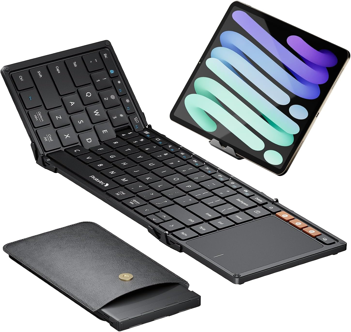 Foldable Keyboard with Touchpad, XK01 TP Folding Portable Keyboard, Full Size Keys, Large Trackpad Bluetooth Travel Keyboards for Ipad Laptop PC Tablets -Black