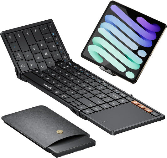 Foldable Keyboard with Touchpad, XK01 TP Folding Portable Keyboard, Full Size Keys, Large Trackpad Bluetooth Travel Keyboards for Ipad Laptop PC Tablets -Black