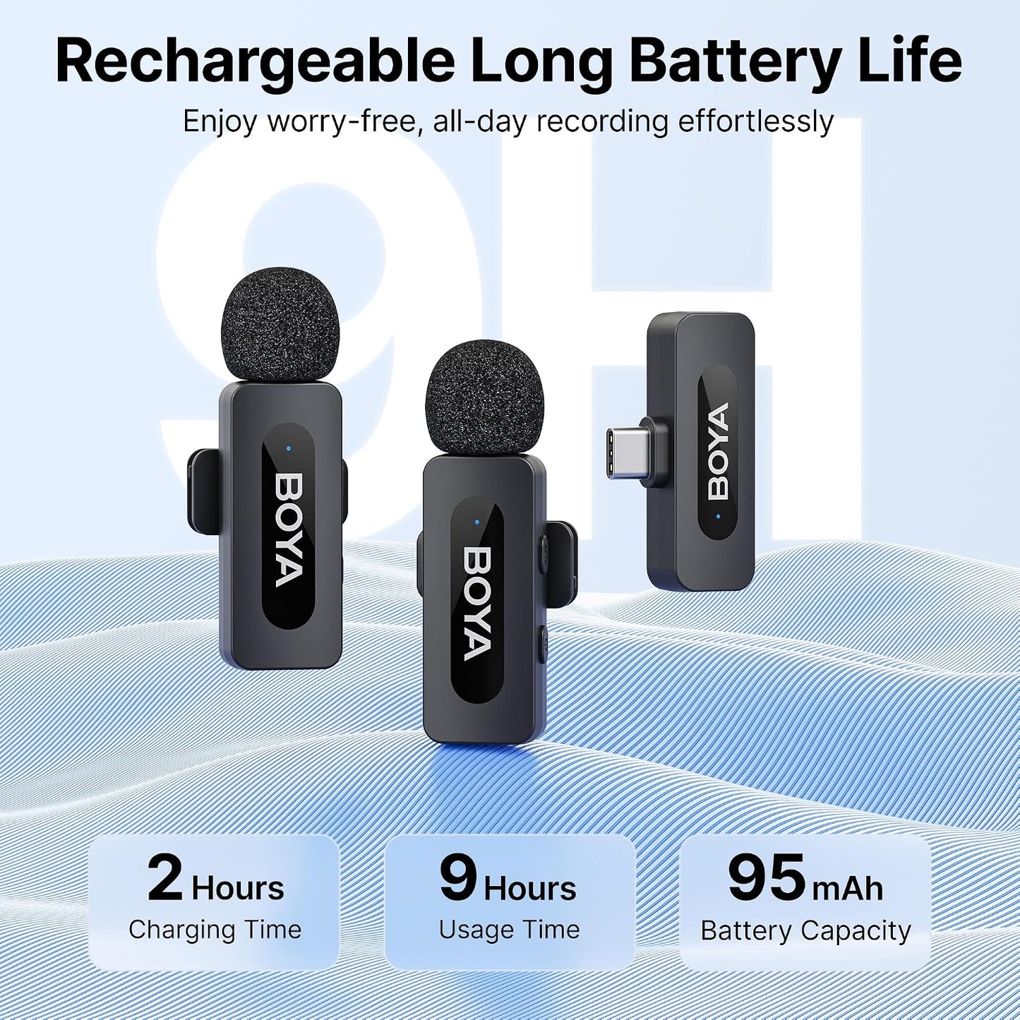 BY-V20 Wireless Lavalier Microphones for iPhone 15/16 Series & USB-C Devices - 100M Range, 9H Battery Life, Noise Reduction Mini Clip-On Mic for Video Recording, YouTube, and TikTok