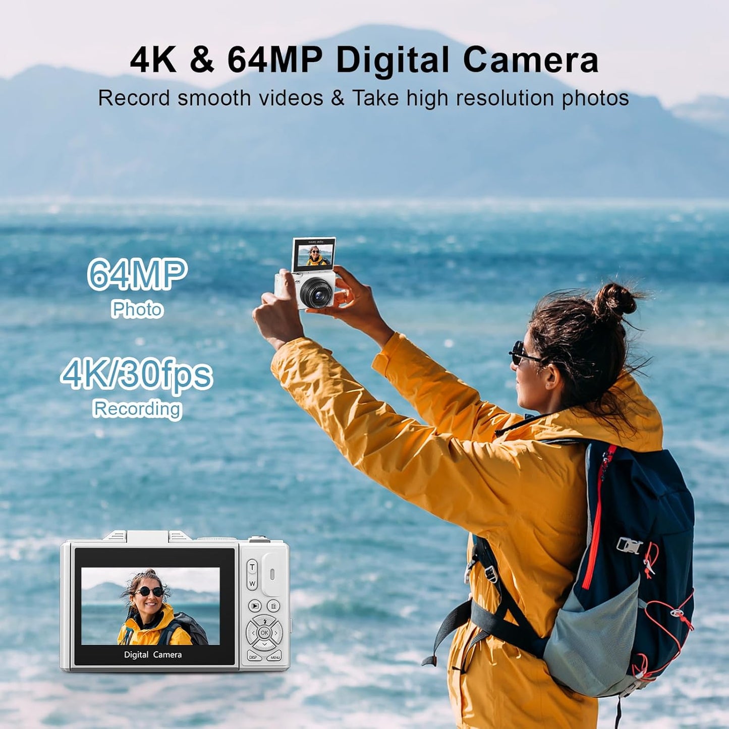4K Digital Camera for Photography, 64MP Vlogging Camera for Youtube with 3" 180° Flip Screen, 18X Digital Zoom Point and Shoot Camara with 32GB Micro SD Card for Beginner (White)