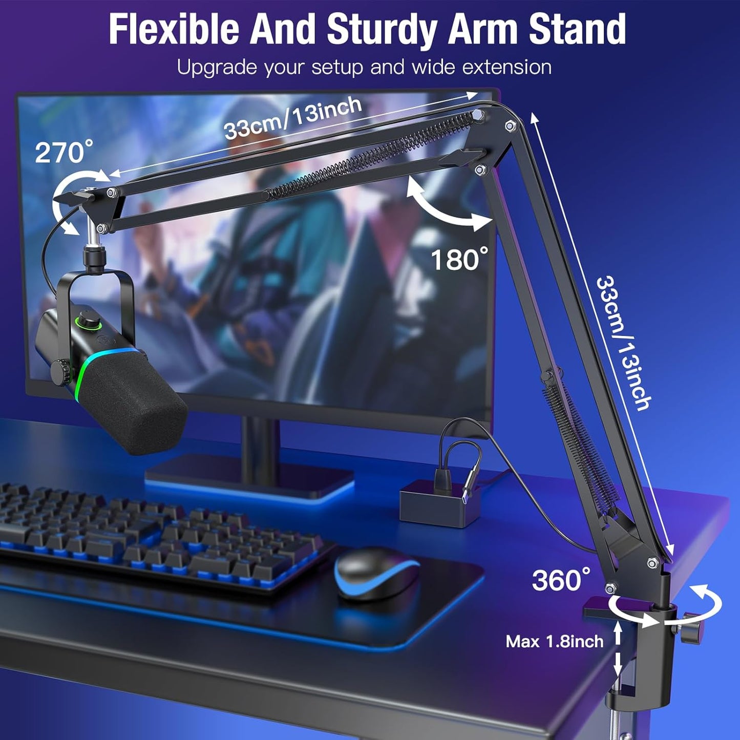 XLR/USB Dynamic Microphone for Gaming Podcast,Mic for Iphone Phone PC Computer Gaming Streaming Microphone with RGB Light,Mute Button,Mic Gain,Headphones Jack,Boom Arm Stand,Singing Youtube