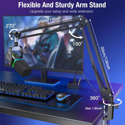 XLR/USB Dynamic Microphone for Gaming Podcast,Mic for Iphone Phone PC Computer Gaming Streaming Microphone with RGB Light,Mute Button,Mic Gain,Headphones Jack,Boom Arm Stand,Singing Youtube