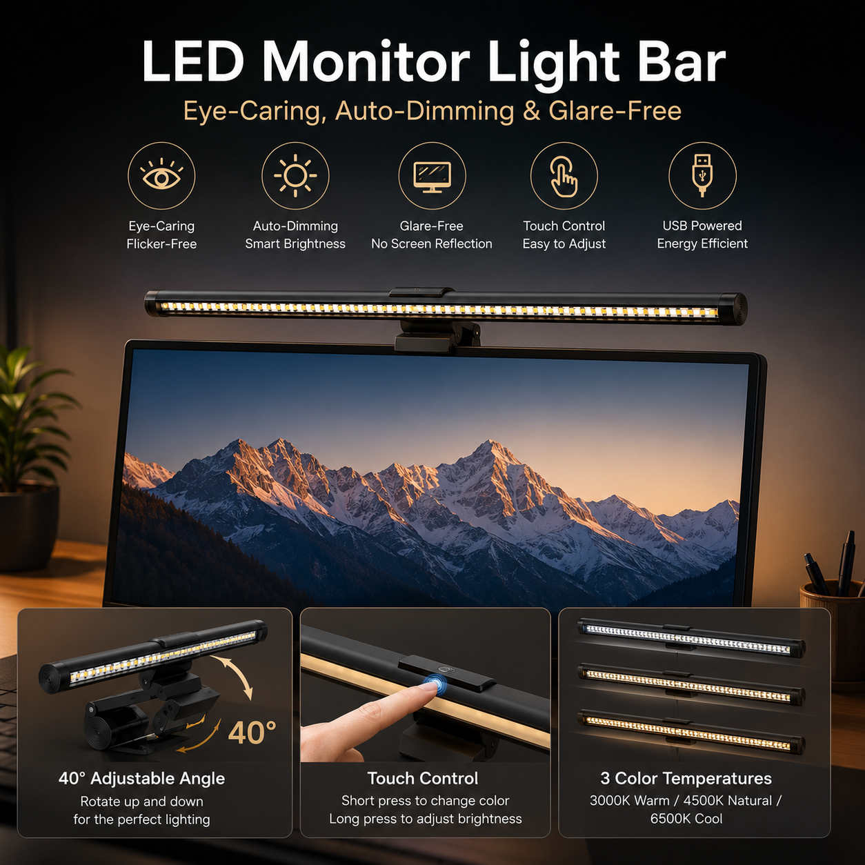 LED Monitor Light Bar – Eye-Caring, Auto-Dimming & Glare-Free
