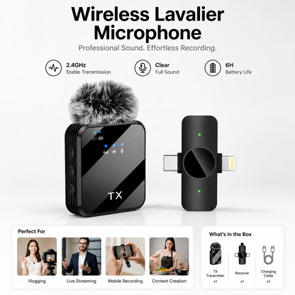 ProClip™ 3-in-1 Wireless Lavalier Mic-– Studio-Quality Sound for iPhone & Android Creators.