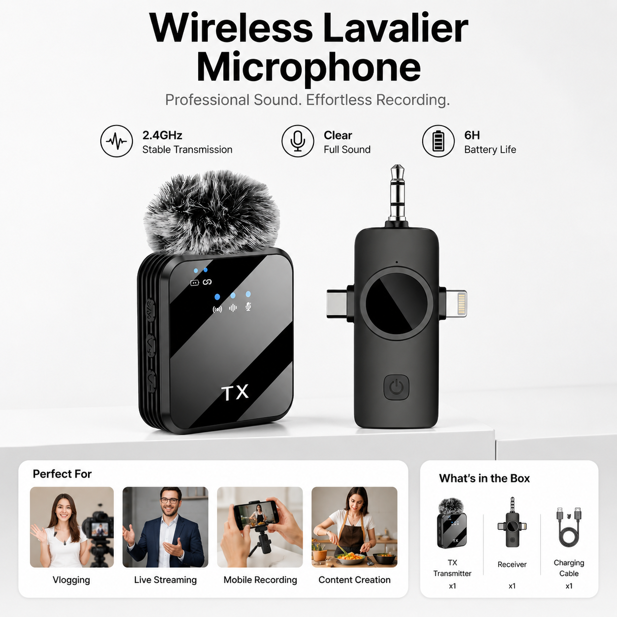 ProClip™ 3-in-1 Wireless Lavalier Mic-– Studio-Quality Sound for iPhone & Android Creators.