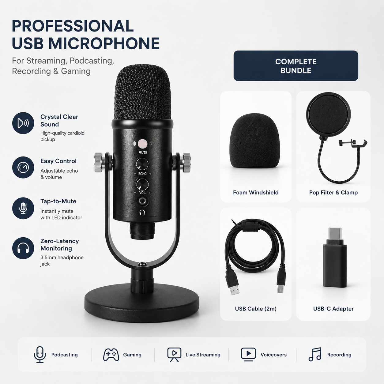 Creators Blue Yeti USB Microphone for PC, Mac, Gaming, Recording, Streaming, Podcasting, Studio and Computer Condenser Mic with Blue VO!CE Effects, 4 Pickup Patterns, Plug and Play - Blackout