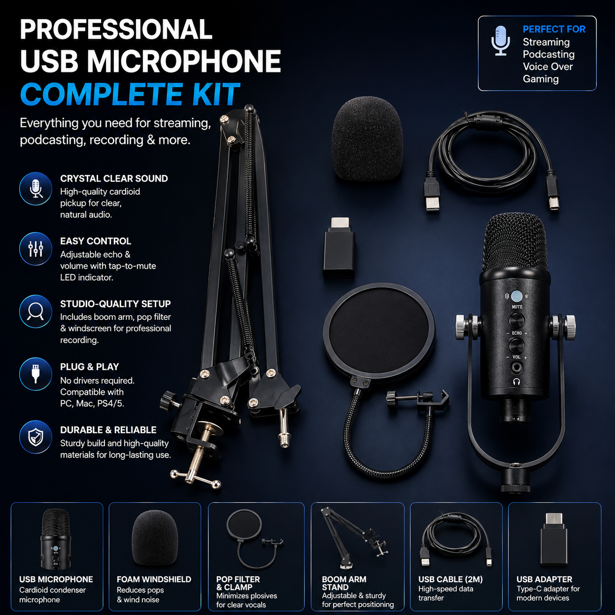 Creators Blue Yeti USB Microphone for PC, Mac, Gaming, Recording, Streaming, Podcasting, Studio and Computer Condenser Mic with Blue VO!CE Effects, 4 Pickup Patterns, Plug and Play - Blackout