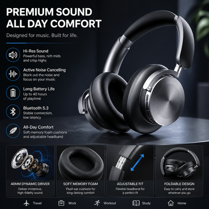 Hybrid Active Noise Cancelling Headphones 120H Playtime Wireless Headphones Bluetooth 6.0 over Ear Headphones with 6 ENC HD Call Mic, Hi-Res 360° Spatial Audio ANC Headphone for Travel Workout Black