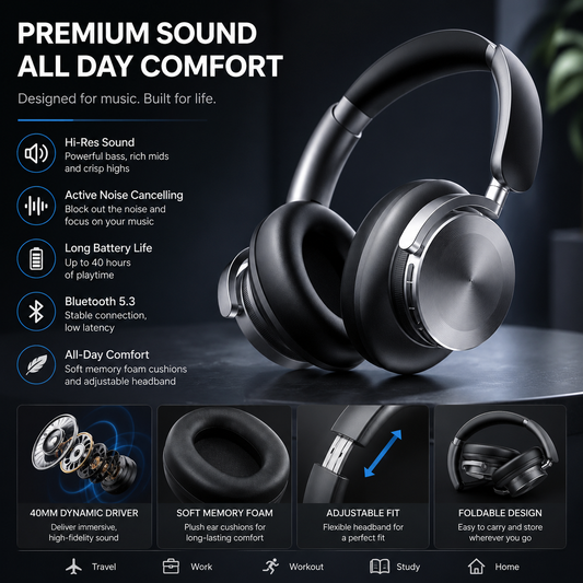 Hybrid Active Noise Cancelling Headphones 120H Playtime Wireless Headphones Bluetooth 6.0 over Ear Headphones with 6 ENC HD Call Mic, Hi-Res 360° Spatial Audio ANC Headphone for Travel Workout Black