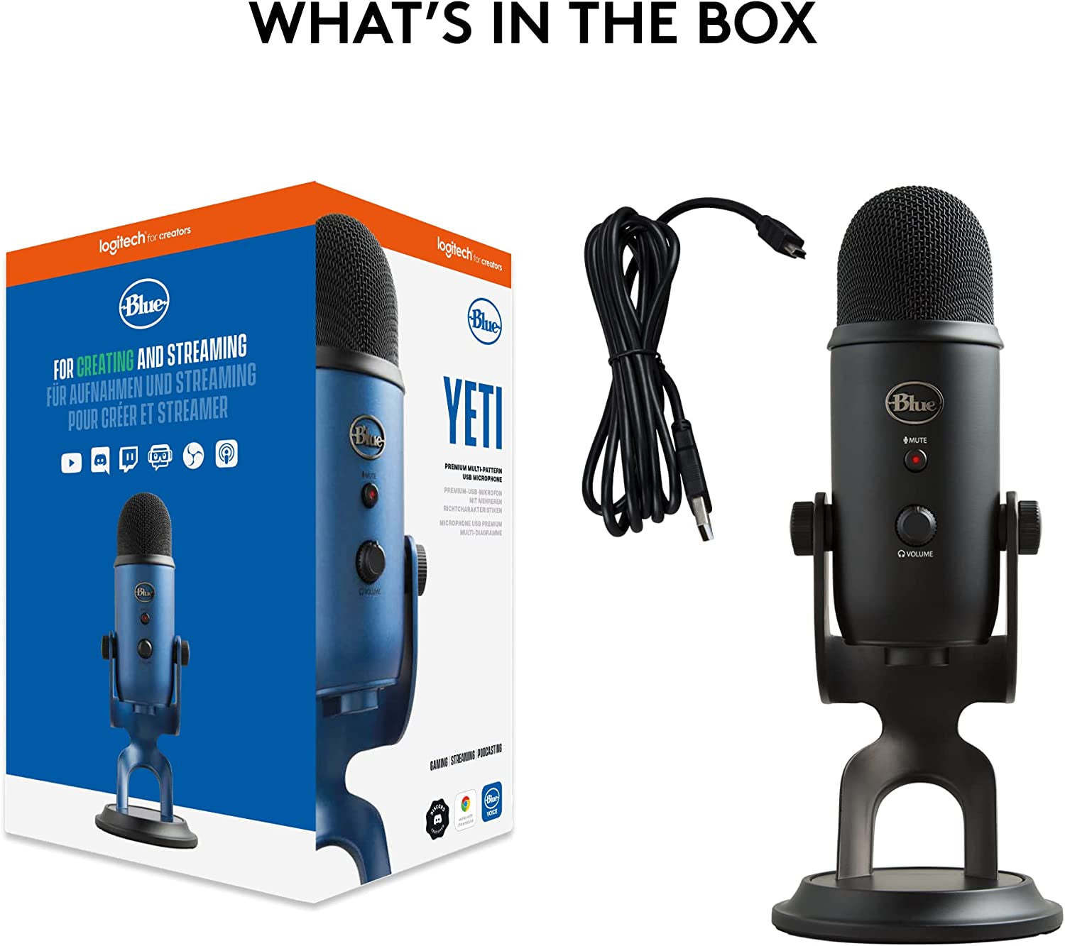 Creators Blue Yeti USB Microphone for PC, Mac, Gaming, Recording, Streaming, Podcasting, Studio and Computer Condenser Mic with Blue VO!CE Effects, 4 Pickup Patterns, Plug and Play - Blackout