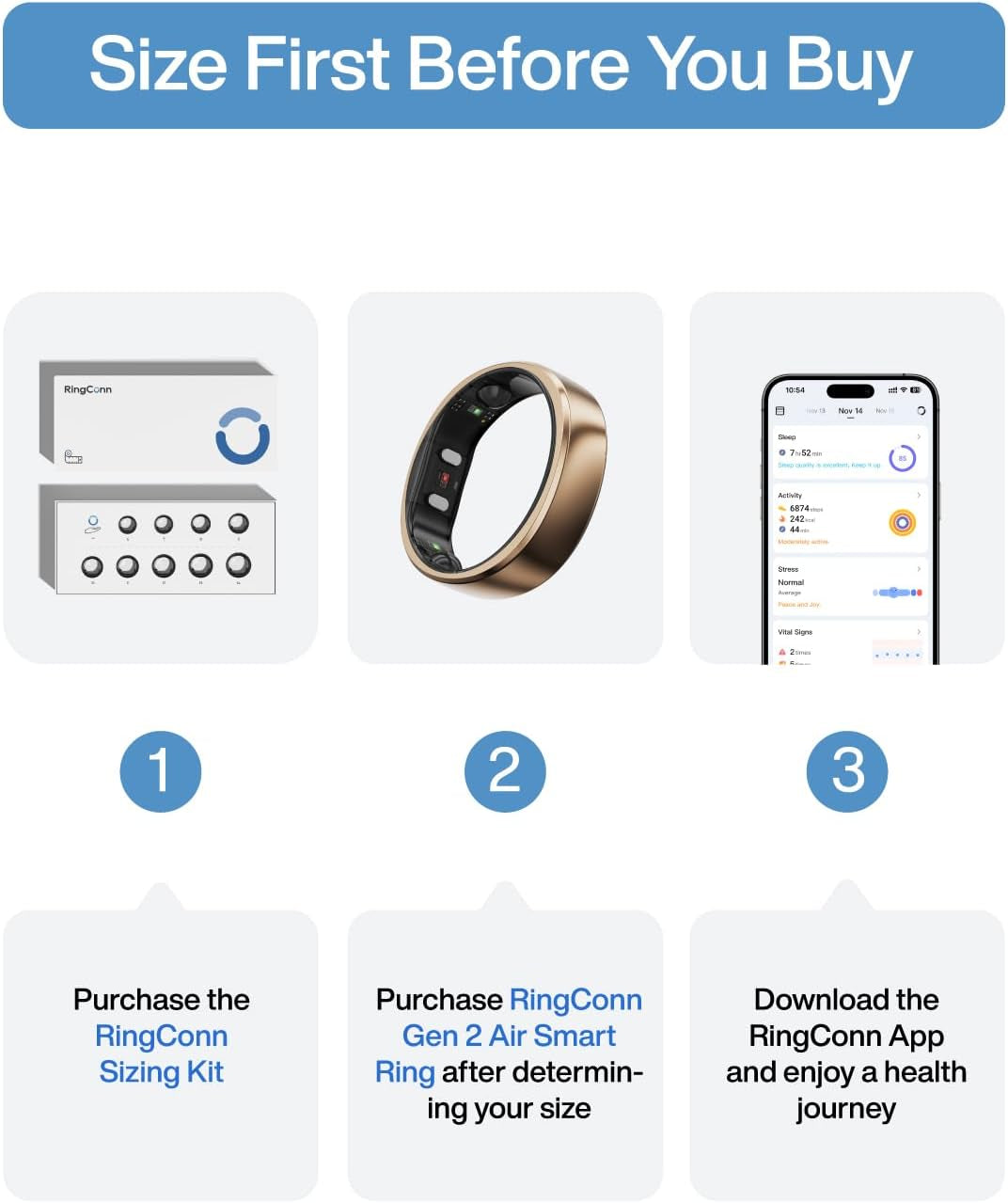 Gen 2 Air, Ultra-Thin AI Smart Ring, Size First with Sizing Kit - 10-Day Battery Life, Sleep/Heart Rate/Stress/Women'S Health Tracker, Compatible with Android & Ios (Size 8, Dune Gold)