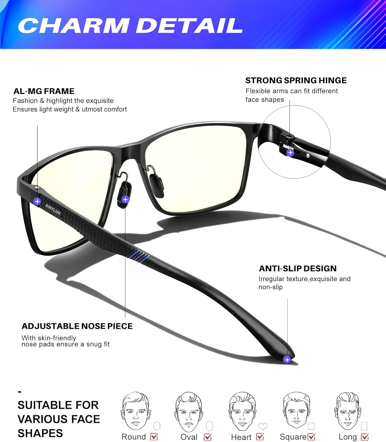 Blue Light Glasses Men, Relieve Eyestrain and Eye Protection, Al-Mg Metal Computer Blue Light Blocking Glasses