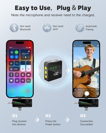 3-In-1 Wireless Lavalier Microphone for Iphone, Android, Camera | Mini Microphone with Digital Display & Noise Reduction, 20H Battery Life, Mic for Video Recording, Tiktok, Youtube, Vlogging