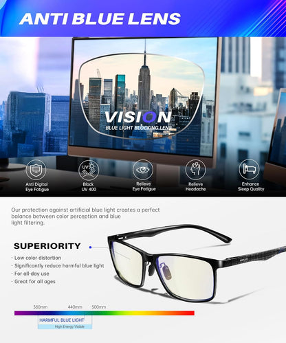 Blue Light Glasses Men, Relieve Eyestrain and Eye Protection, Al-Mg Metal Computer Blue Light Blocking Glasses