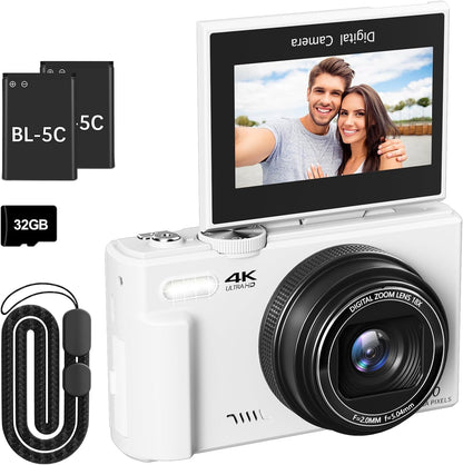 4K Digital Camera for Photography, 64MP Vlogging Camera for Youtube with 3" 180° Flip Screen, 18X Digital Zoom Point and Shoot Camara with 32GB Micro SD Card for Beginner (White)