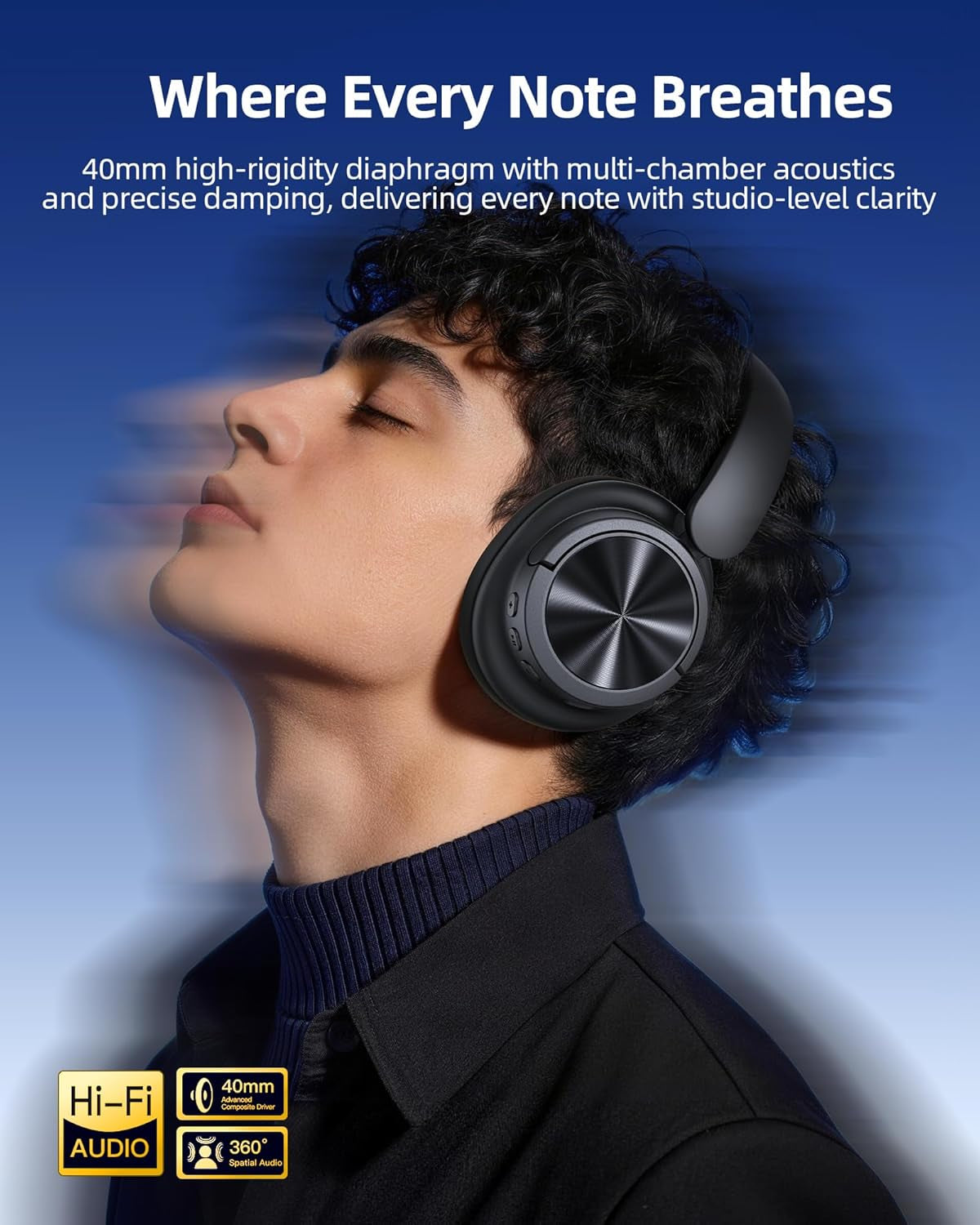Hybrid Active Noise Cancelling Headphones 120H Playtime Wireless Headphones Bluetooth 6.0 over Ear Headphones with 6 ENC HD Call Mic, Hi-Res 360° Spatial Audio ANC Headphone for Travel Workout Black